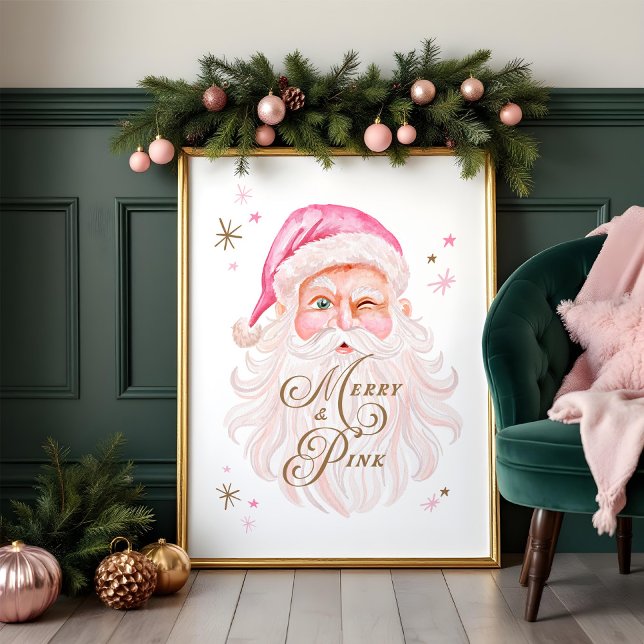 Merry & Pink Classic Retro Retro Rosa Santa Poster (Merry & Pink Classic Christmas Retro Pink Santa Poster)