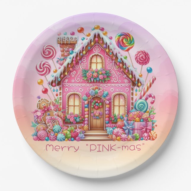 Merry "PINK-mas" Weihnachts Candy House Pappteller (Vorderseite)