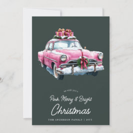 Merry Pink Weihnachtswagen Retro Aquarell Feiertagskarte