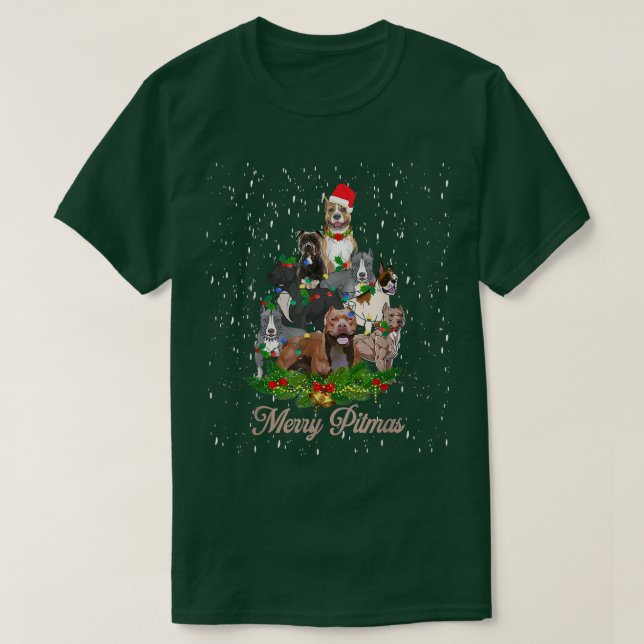 Merry Pitmas Funny Pitbull Dog Ugly Weihnachtsbaum T-Shirt (Design vorne)