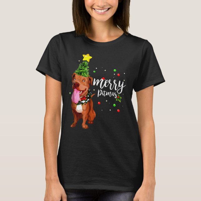 Merry Pitmas Pitbull Weihnachtsbaum T-Shirt (Vorderseite)