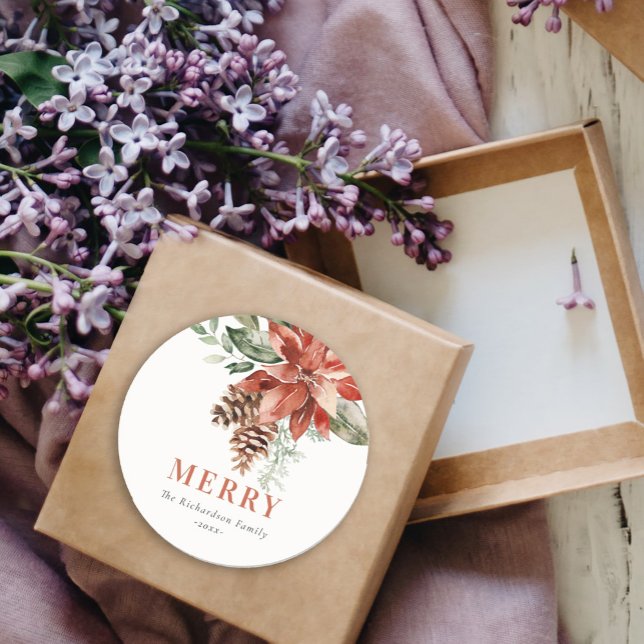 Merry Poinsettia Bunch Wasserfarben Weihnachten Runder Aufkleber (Von Creator hochgeladen)