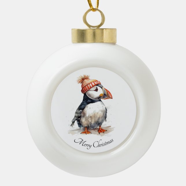 Merry Puffin Keramik Kugel-Ornament (Vorderseite)