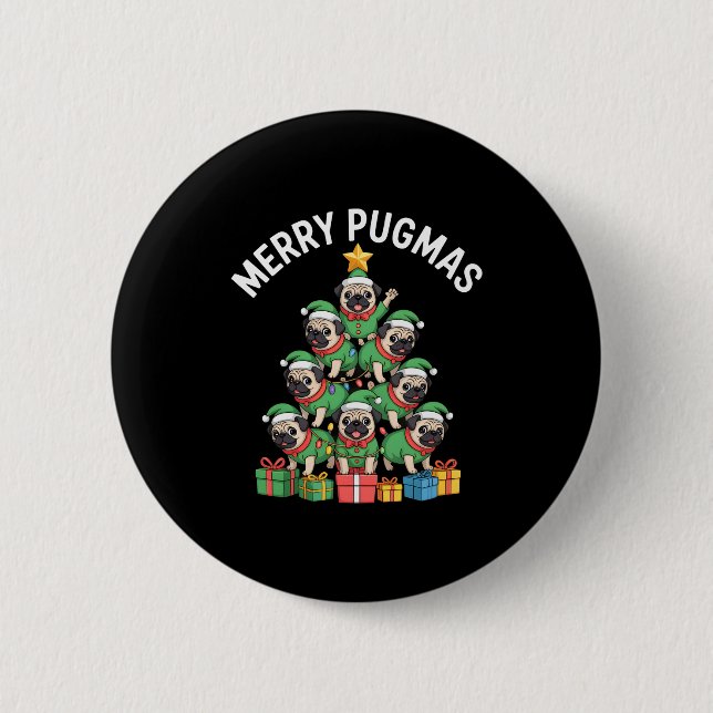 Merry Pugmas Funny Pug Christmas Tree Holiday Long Button (Vorderseite)
