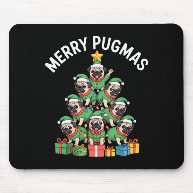 Merry Pugmas Funny Pug Christmas Tree Holiday Long Mousepad (Vorne)