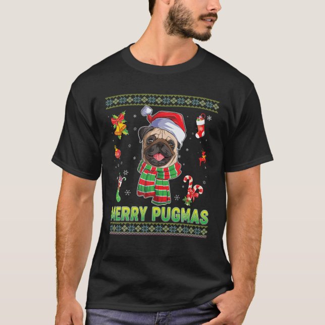 Merry Pugmas Mops Hund Weihnachtslicht Weihnachten T-Shirt (Vorderseite)