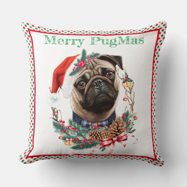 Merry PugMas - Niedlicher Mops Tragen von Weihnach Kissen (Vorderseite)