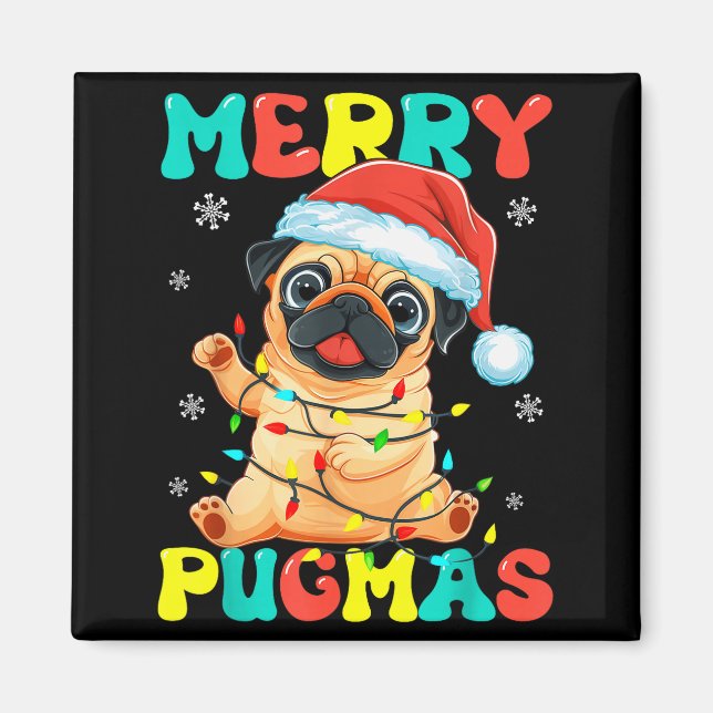 Merry Pugmas Pug Christmas Santa Pug Xmas Lights D Magnet (Vorne)