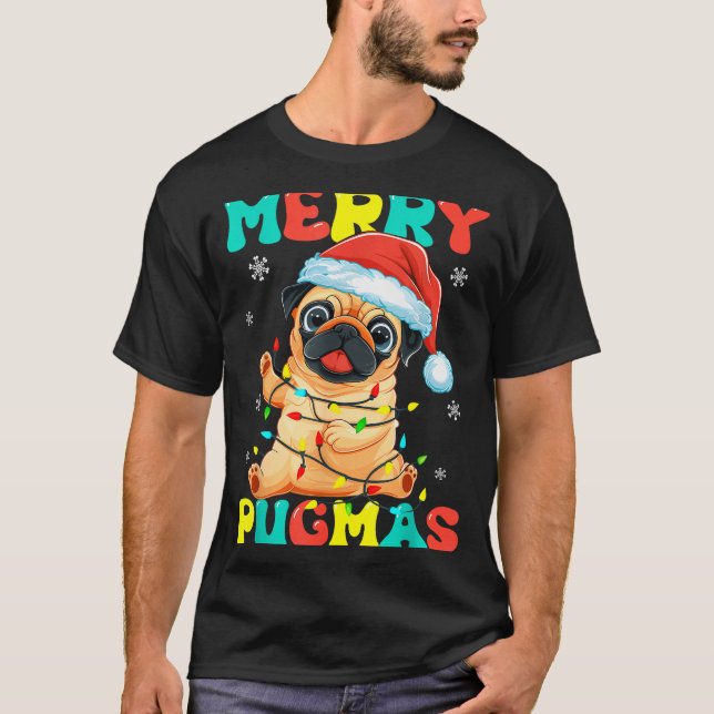 Merry Pugmas Pug Christmas Santa Pug Xmas Lights D T-Shirt (Vorderseite)
