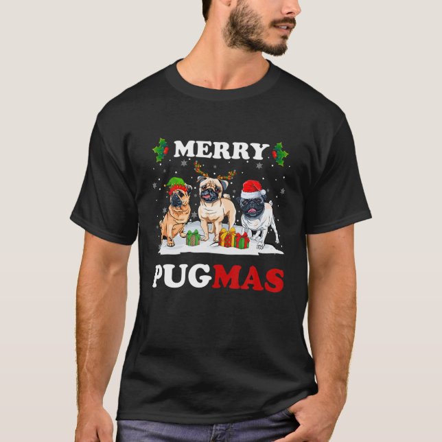 Merry Pugmas Santa Elf Rentier Mops Hunde Weihnach T-Shirt (Vorderseite)