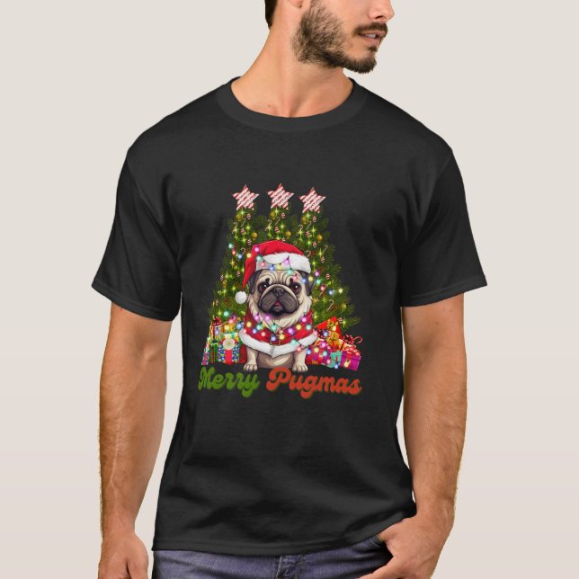 Merry Pugmas Santa Mops Hund Lover Weihnachtslicht T-Shirt (Vorderseite)