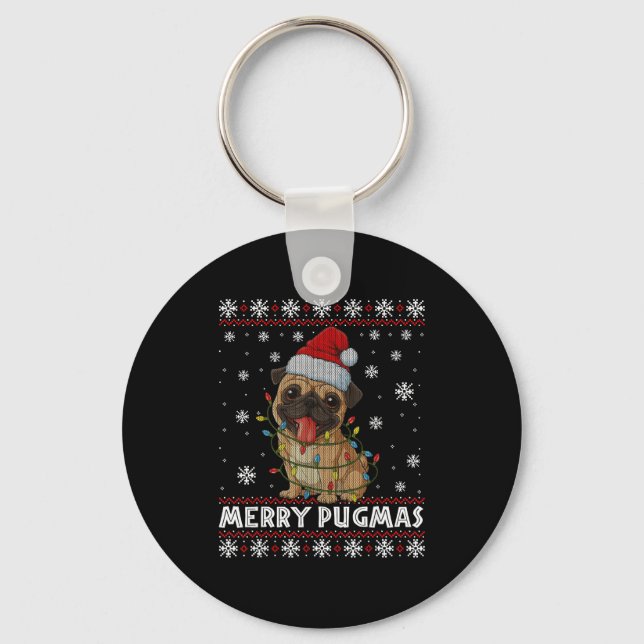 Merry Pugmas Ugly Christmas Sweater Cute Pug Dog  Schlüsselanhänger (Vorderseite)
