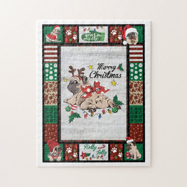 Merry Pugmas Xmas Mops Weihnachts Party Mops Lover Puzzle (Vertikal)