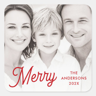 Merry red festive retro font name year photo quadratischer aufkleber