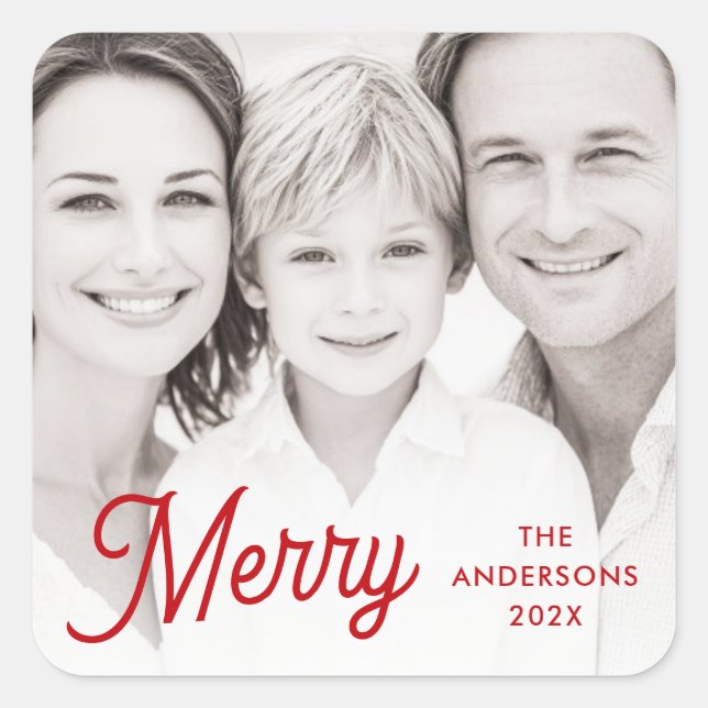 Merry red festive retro font name year photo quadratischer aufkleber (Vorderseite)