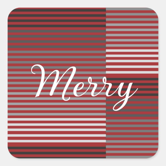 Merry -Red, Gray, Black, White Stripes Quadratischer Aufkleber (Vorderseite)