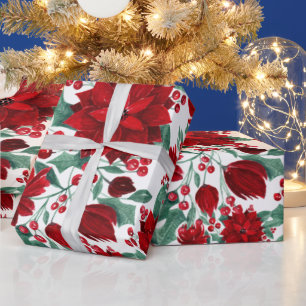 Merry Red Poinsettia Blume Ivy Blätter Wasserfarbe Geschenkpapier