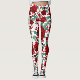 Merry Red Poinsettia Blume Ivy Blätter Wasserfarbe Leggings
