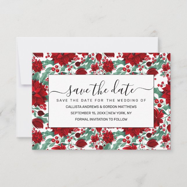 Merry Red Poinsettia Blume Ivy Blätter Wasserfarbe Save The Date (Vorderseite)
