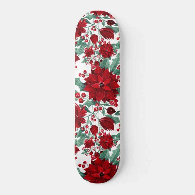 Merry Red Poinsettia Blume Ivy Blätter Wasserfarbe Skateboard (Vorderseite)