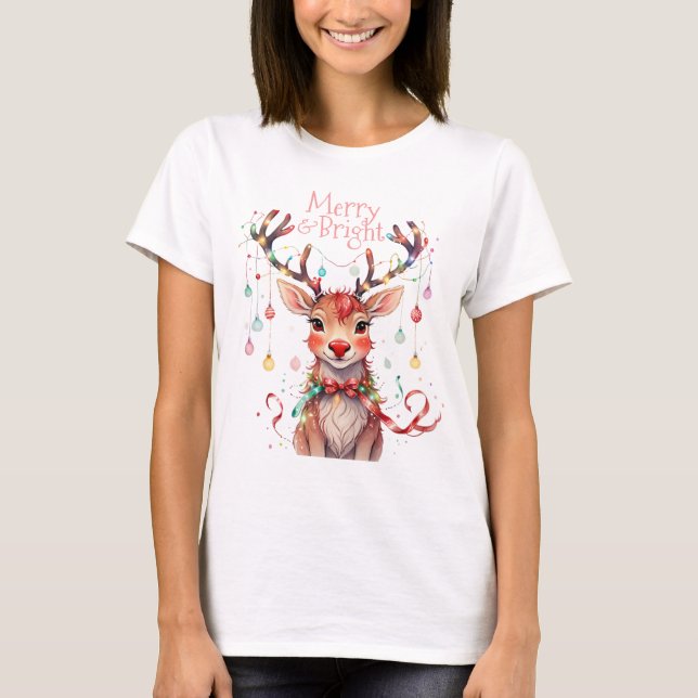 Merry Reindeer Rudolph und Christmas Lights T-Shirt (Vorderseite)