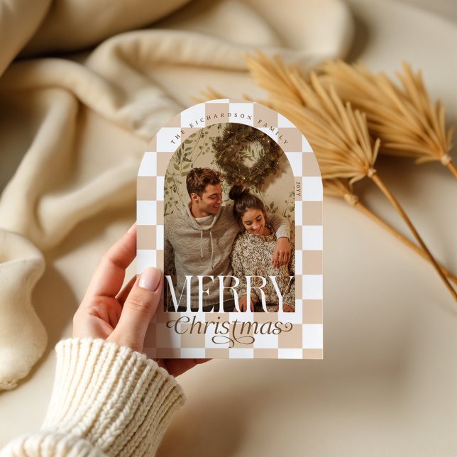 Merry Retro Checkerboard Arch Foto Holiday Card Einladung (Merry Retro Checkerboard Arch Photo Holiday Card)