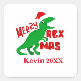 Merry Rex Mas Personalize Childrens TRex Dinosaur Quadratischer Aufkleber