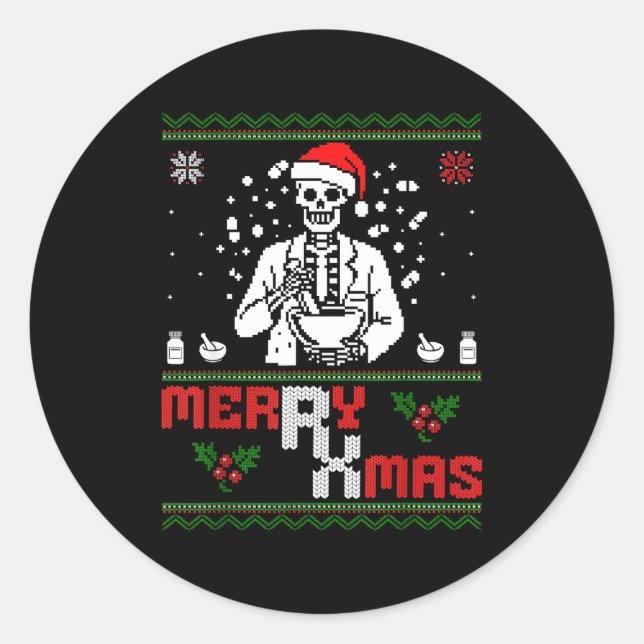 Merry Rx Mas Skeleton Pharmacist Pharmacy Tech Ugl Runder Aufkleber (Vorderseite)