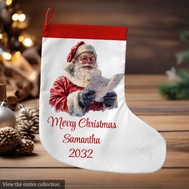 Merry Santa Claus Rustic Custom Name Editable  Großer Weihnachtsstrumpf (Merry Santa Claus Rustic Custom Name Editable Stocking)