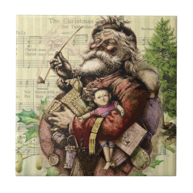 Merry Santa Claus Tree Classic Illustration Fliese (Vorderseite)