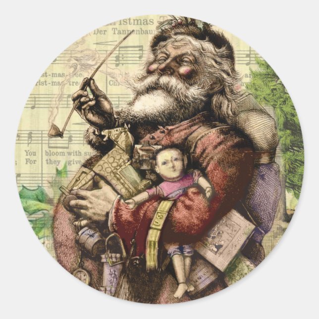 Merry Santa Claus Tree Classic Illustration Runder Aufkleber (Vorderseite)