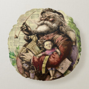 Merry Santa Claus Tree Classic Illustration Rundes Kissen