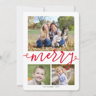 MERRY Script 3-Foto Snowflakes Red Christmas Feiertagskarte