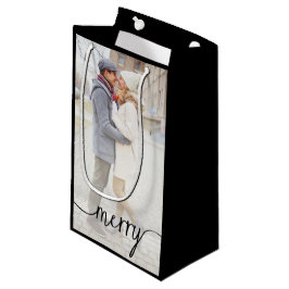 Merry Script Custom Foto Geschenktasche / Schwarz Kleine Geschenktüte