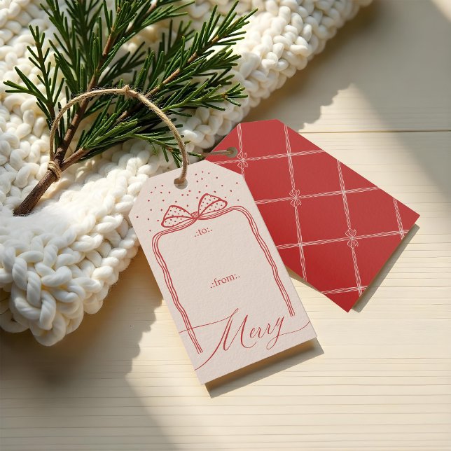 Merry Script elegant Chic Weihnachtsbow To & From Geschenkanhänger (Merry Script Elegant Chic Christmas Bow To & From Red Gift Tags)
