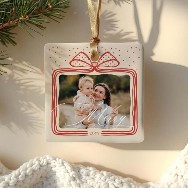 Merry Script Elegant Christmas Bow Foto Keepake Keramikornament (Merry Script Elegant Christmas Bow Photo Keepsake Ceramic Ornament)