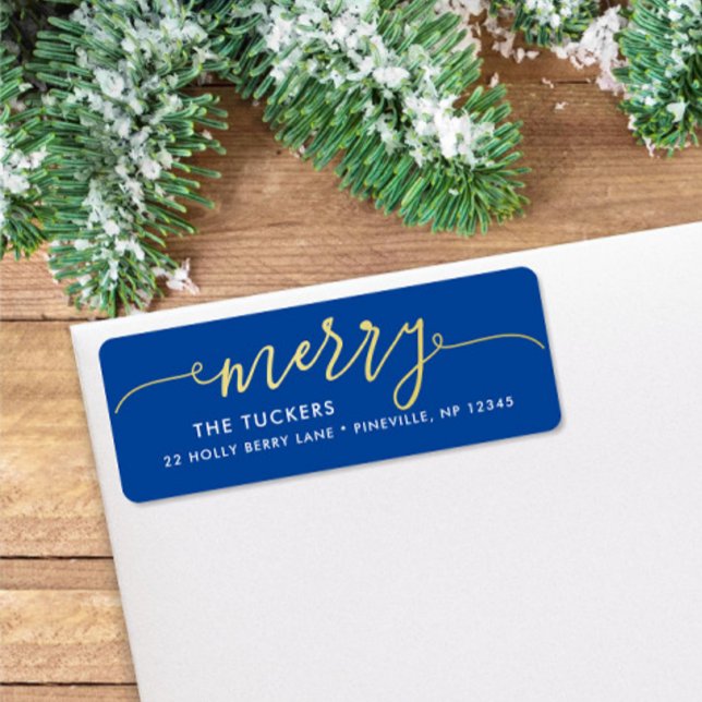 MERRY Script Gold Foil auf Blue Christmas Address (Von Creator hochgeladen)