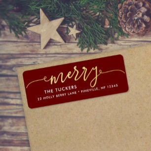 MERRY Script Gold Foil Dark Red Christmas Address