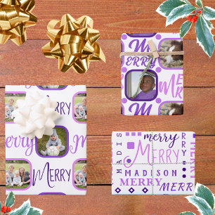 MERRY Script Lila auf White 4 Foto Weihnachten Geschenkpapier Set