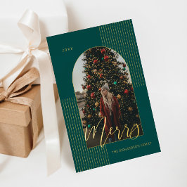 Merry Script Modern Stripes Foto Arch Frame Green Folien Feiertagskarte