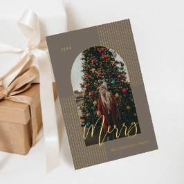 Merry Script Modern Stripes Photo Arch Frame Grey Folien Feiertagskarte