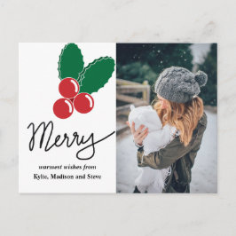 Merry Script | Red Berry Christmas Holiday Foto Feiertagspostkarte