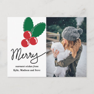 Merry Script   Red Berry Christmas Holiday Foto Feiertagspostkarte