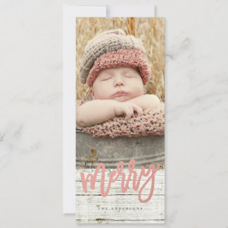 Merry Script Rose Gold Foil Rustic Wood Foto Feiertagskarte