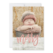 Merry Script Rose Gold Foil Rustic Wood Foto