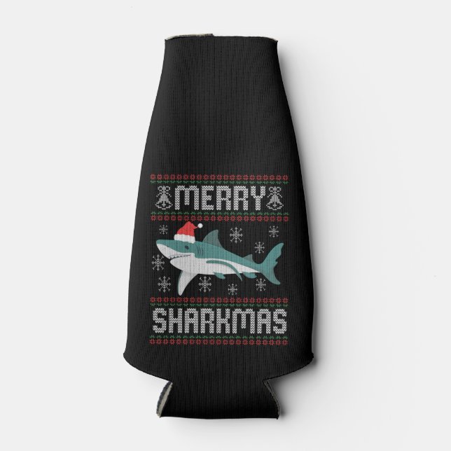 Merry Sharkmas Funny Christmas Shark Ugly Sweater Flaschenkühler (Vorderseite)
