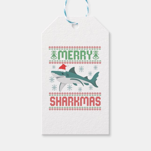 Merry Sharkmas Funny Christmas Shark Ugly Sweater Geschenkanhänger (Vorderseite)