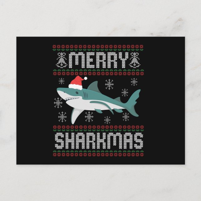 Merry Sharkmas Funny Christmas Shark Ugly Sweater Postkarte (Vorderseite)