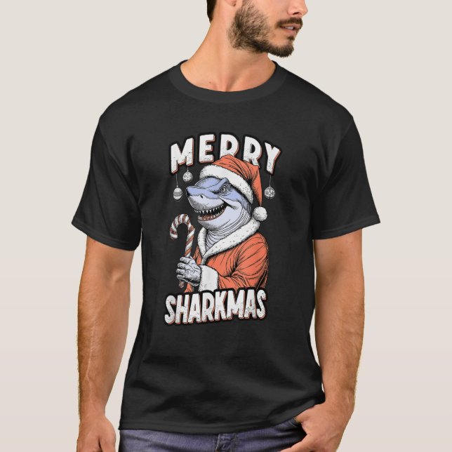 Merry Sharkmas Funny Shark Santa Claus Candy Cane  T-Shirt (Vorderseite)