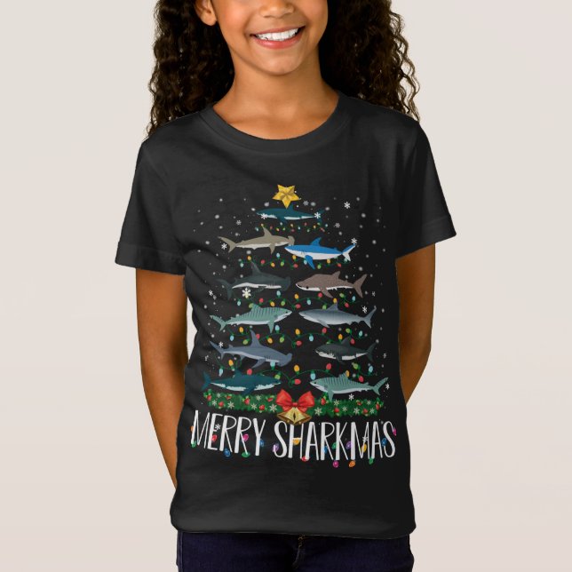 Merry Sharkmas Funny Shark Weihnachtsbaum Lichter  T-Shirt (Vorderseite)